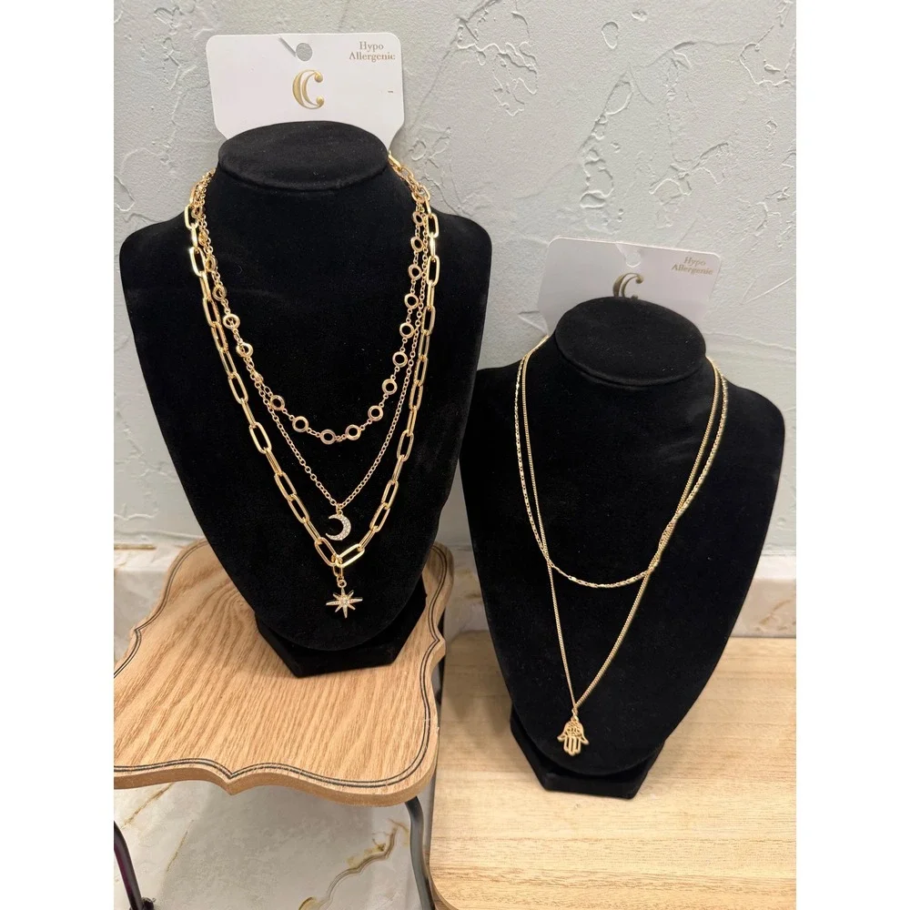 Layered Gold Tone Necklaces Celestial Moon Star Hamsa Hand Hypoallergenic Set